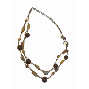 Double strand Wooden Bead & Shell Necklace Beach Ocean Summer adjustable 19"